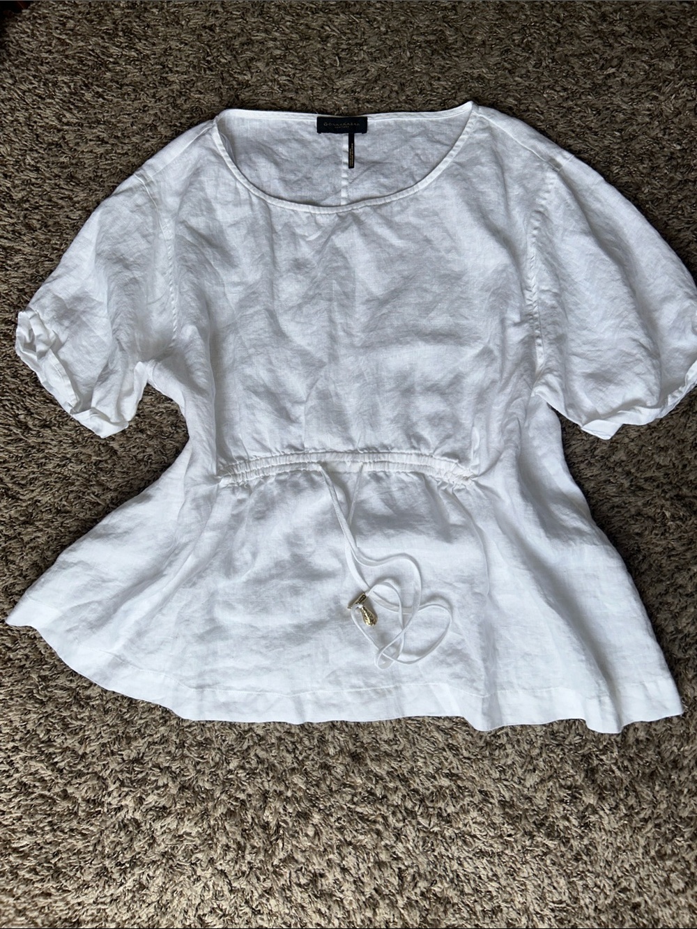 Donna Karan Women’s White 100% Linen Peplum Top with Drawstring Waist - Large